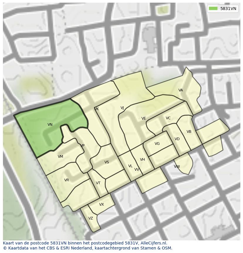 Afbeelding van het postcodegebied 5831 VN op de kaart.