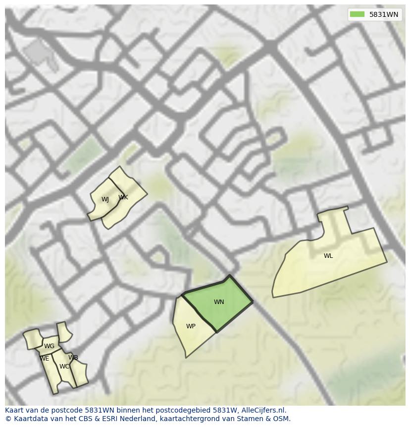 Afbeelding van het postcodegebied 5831 WN op de kaart.