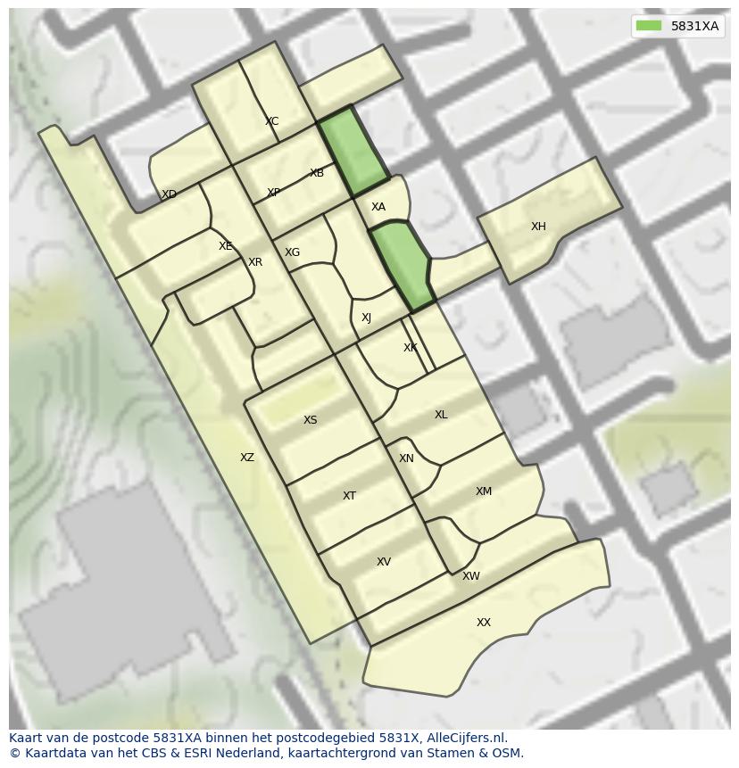 Afbeelding van het postcodegebied 5831 XA op de kaart.