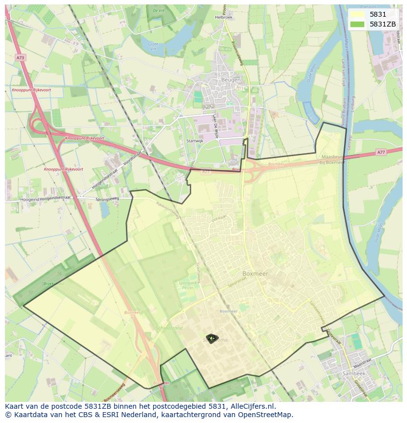 Afbeelding van het postcodegebied 5831 ZB op de kaart.