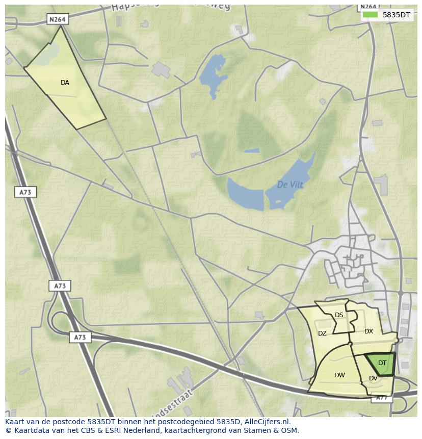 Afbeelding van het postcodegebied 5835 DT op de kaart.