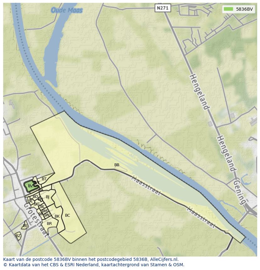 Afbeelding van het postcodegebied 5836 BV op de kaart.