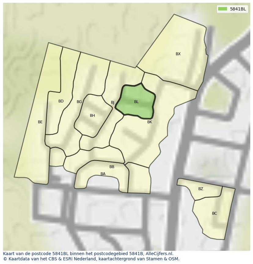 Afbeelding van het postcodegebied 5841 BL op de kaart.