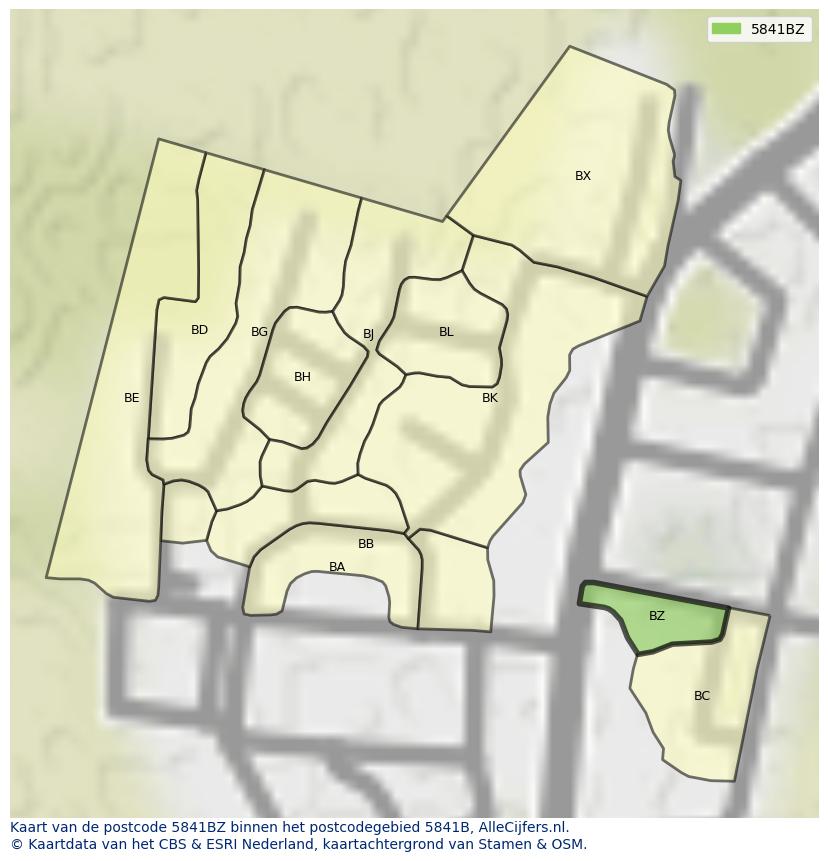 Afbeelding van het postcodegebied 5841 BZ op de kaart.