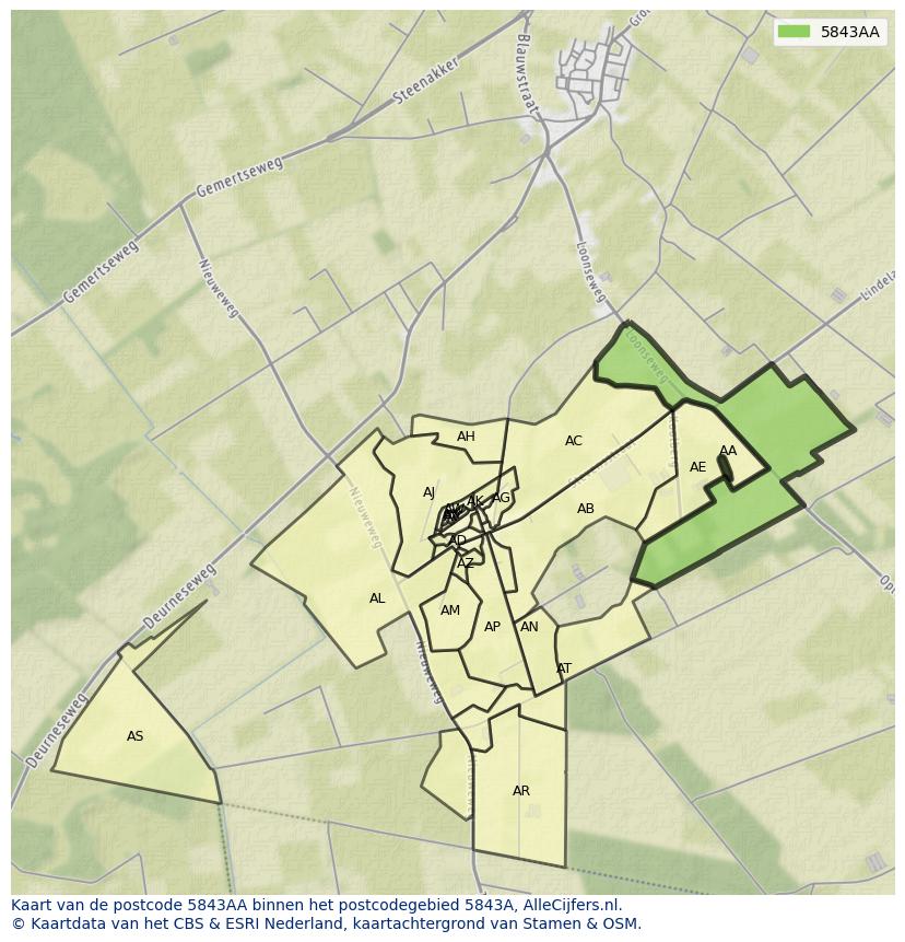 Afbeelding van het postcodegebied 5843 AA op de kaart.