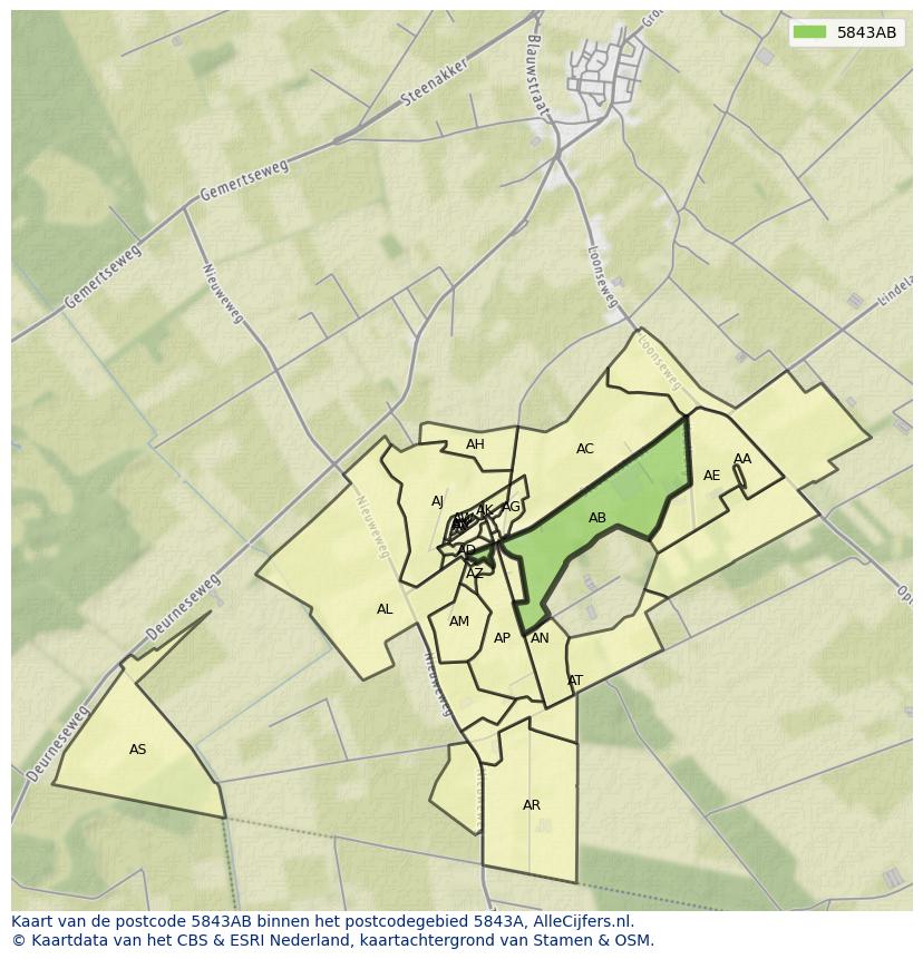 Afbeelding van het postcodegebied 5843 AB op de kaart.