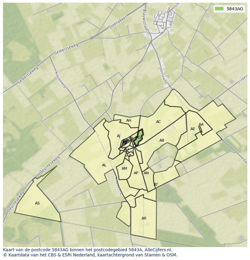 Afbeelding van het postcodegebied 5843 AG op de kaart.