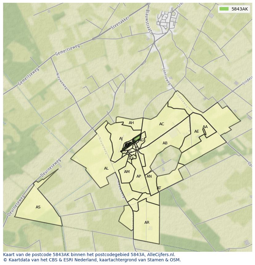 Afbeelding van het postcodegebied 5843 AK op de kaart.