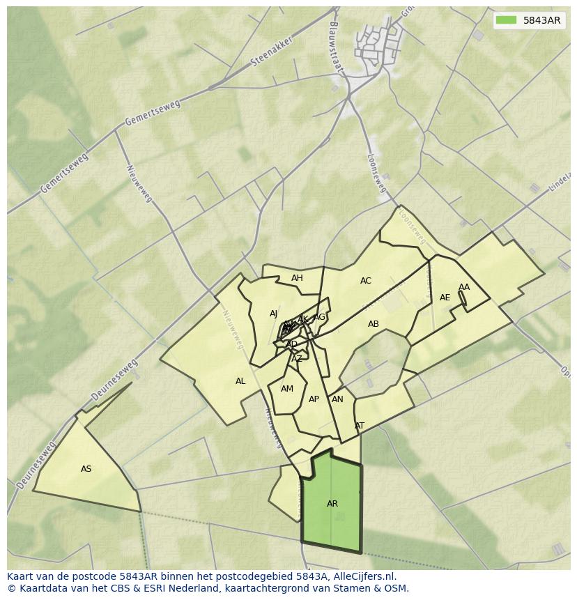 Afbeelding van het postcodegebied 5843 AR op de kaart.