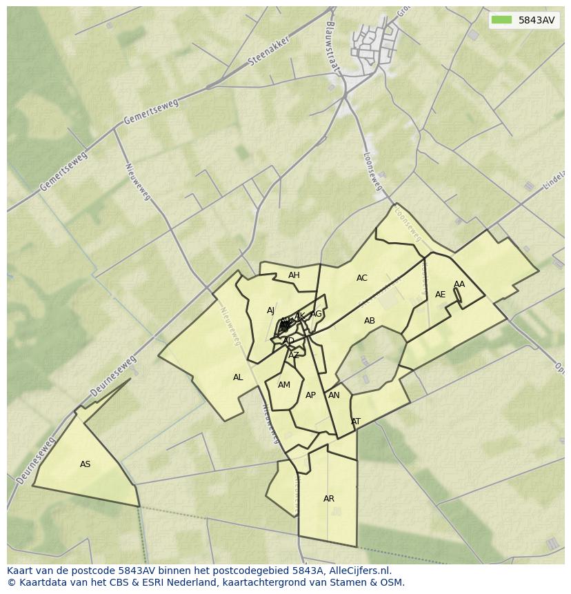 Afbeelding van het postcodegebied 5843 AV op de kaart.