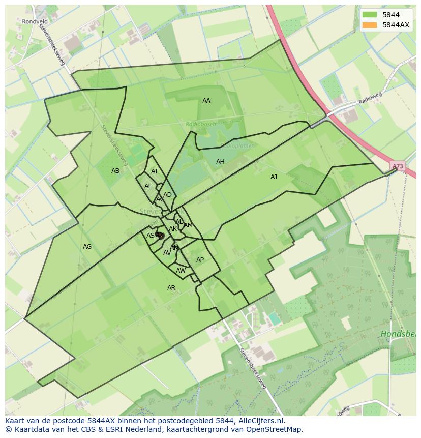Afbeelding van het postcodegebied 5844 AX op de kaart.