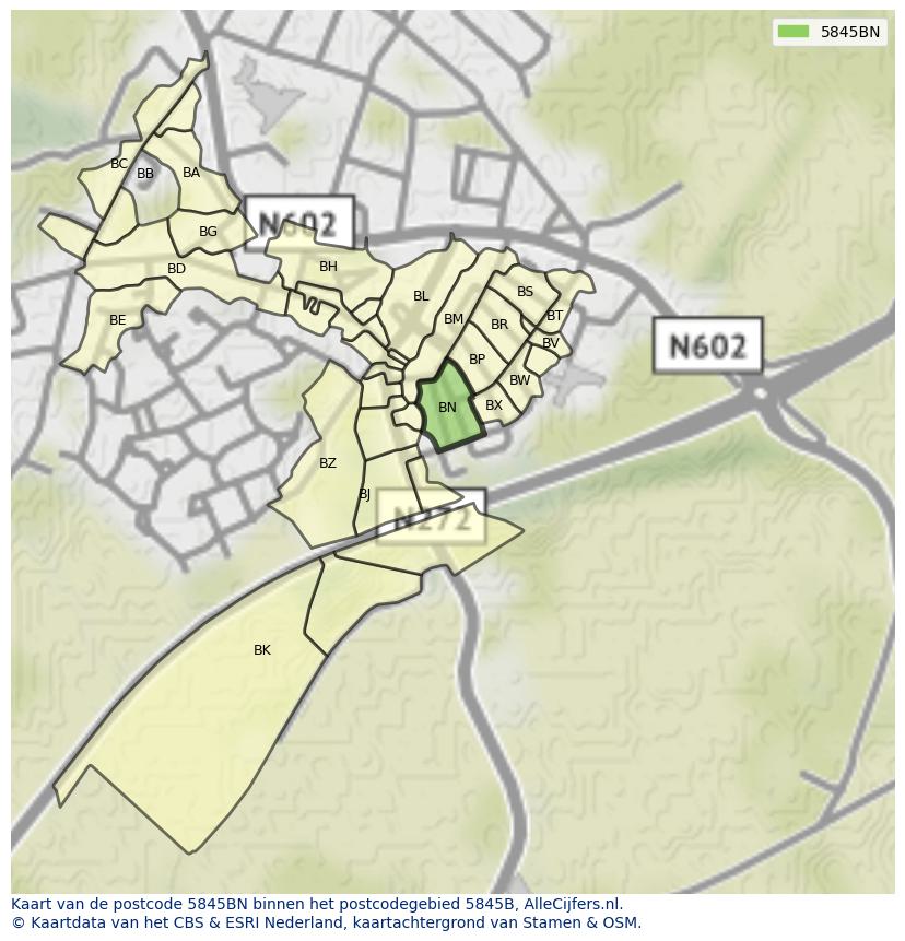 Afbeelding van het postcodegebied 5845 BN op de kaart.