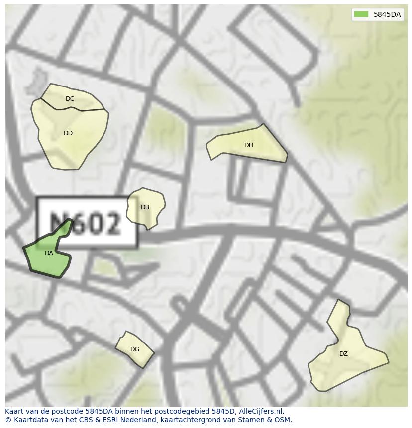 Afbeelding van het postcodegebied 5845 DA op de kaart.