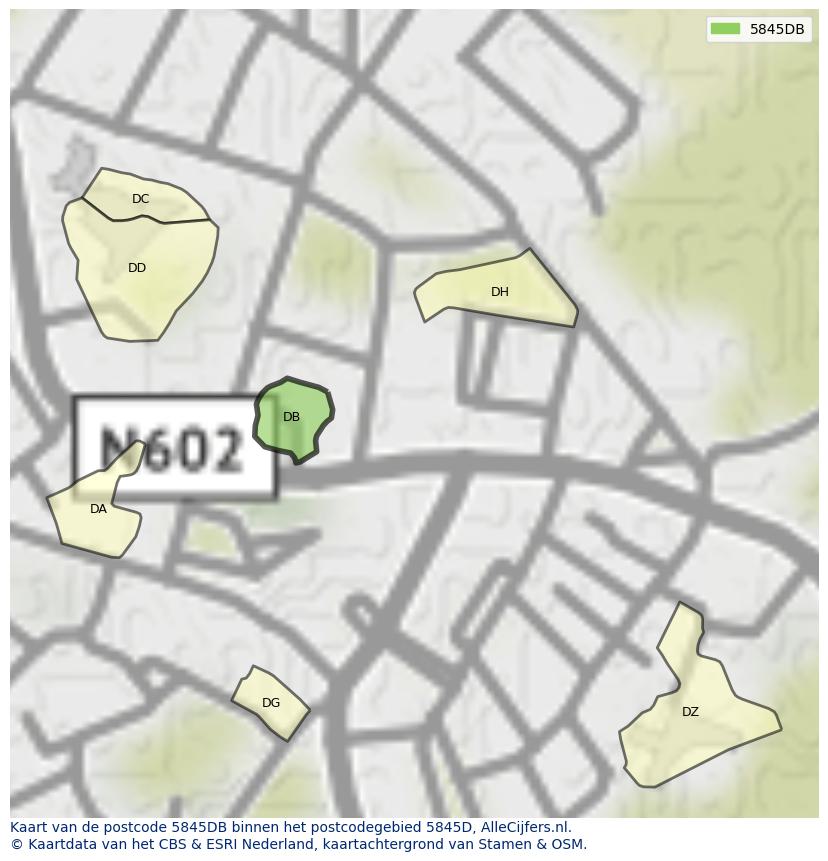 Afbeelding van het postcodegebied 5845 DB op de kaart.