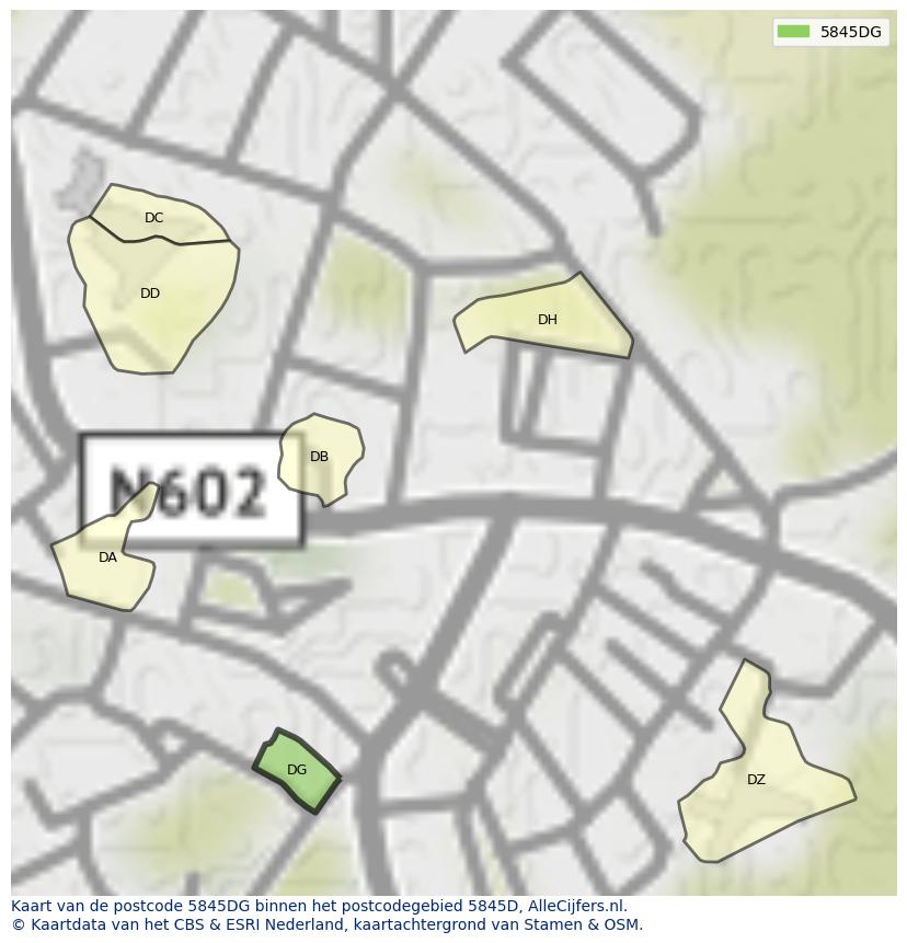 Afbeelding van het postcodegebied 5845 DG op de kaart.