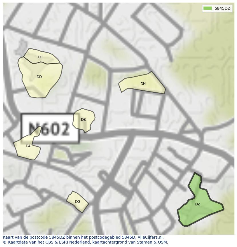 Afbeelding van het postcodegebied 5845 DZ op de kaart.