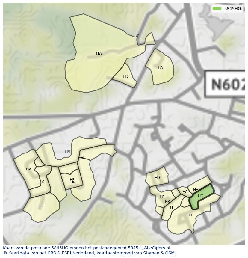 Afbeelding van het postcodegebied 5845 HG op de kaart.