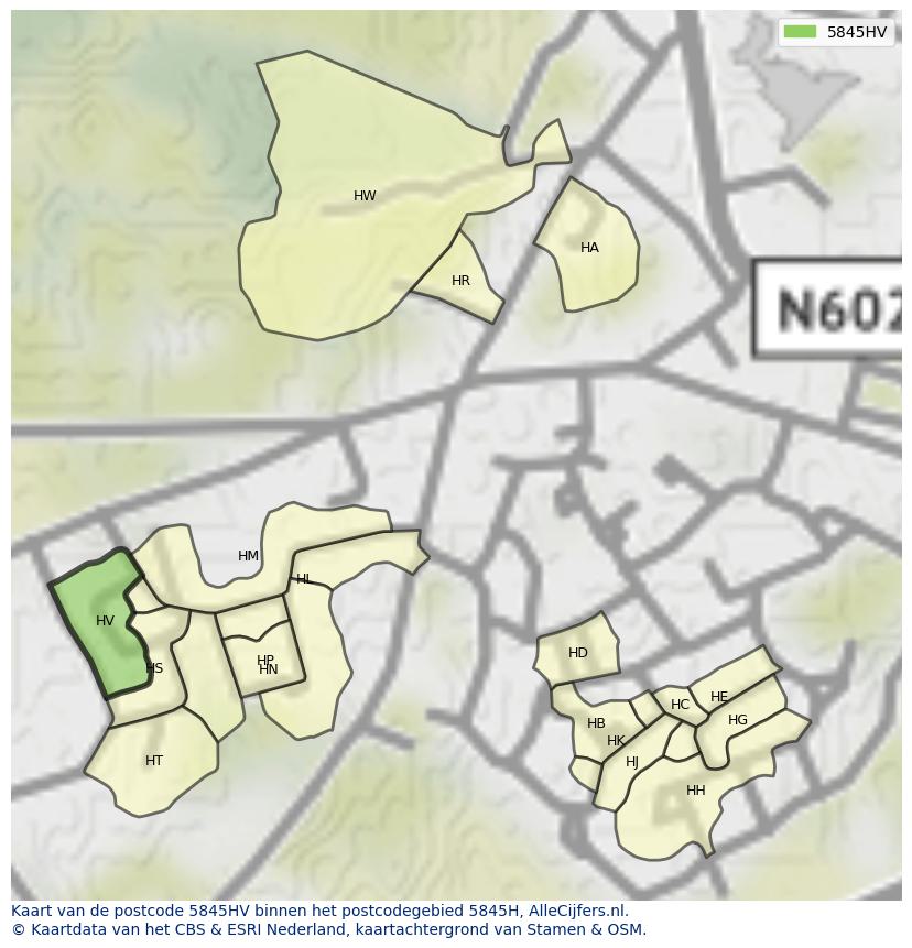 Afbeelding van het postcodegebied 5845 HV op de kaart.