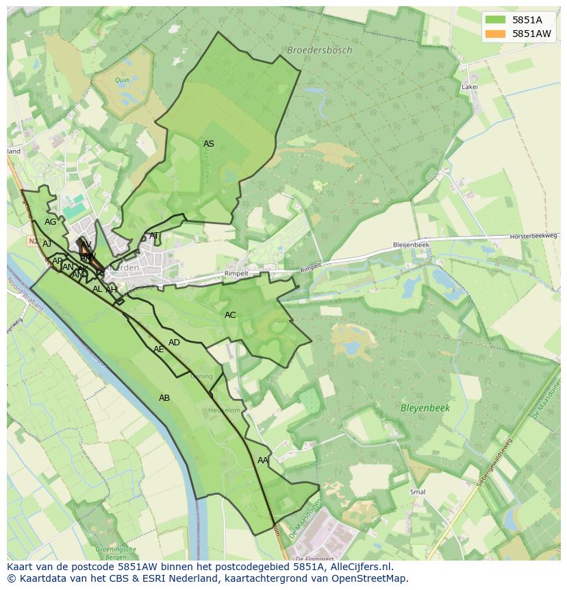 Afbeelding van het postcodegebied 5851 AW op de kaart.