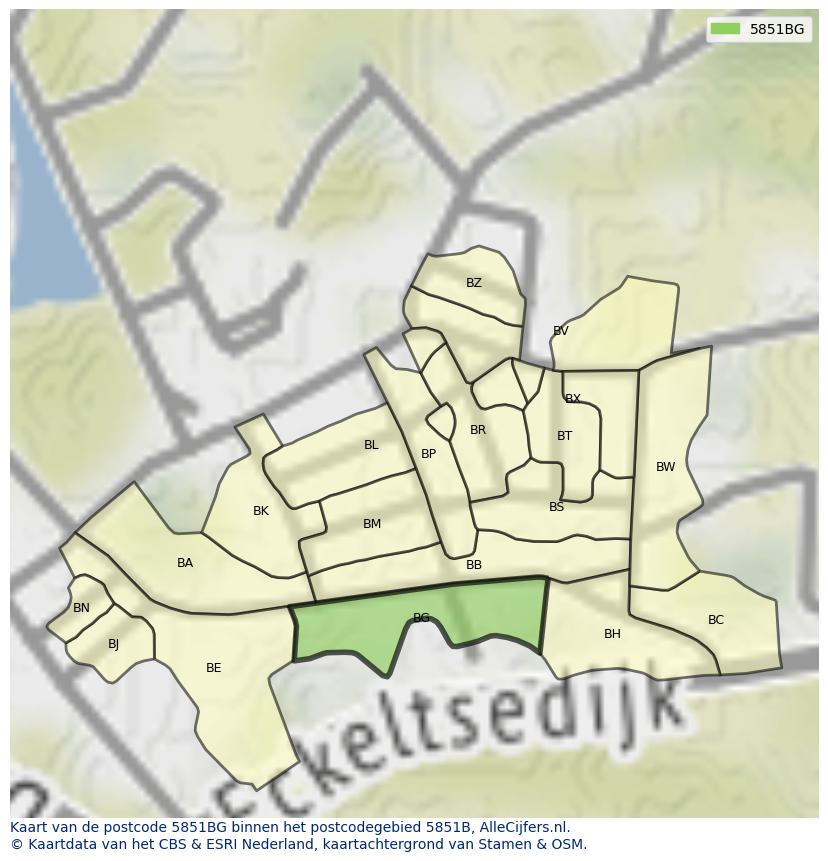 Afbeelding van het postcodegebied 5851 BG op de kaart.