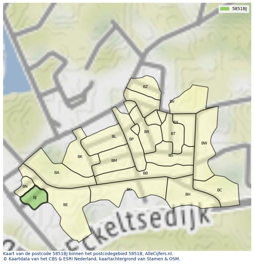 Afbeelding van het postcodegebied 5851 BJ op de kaart.