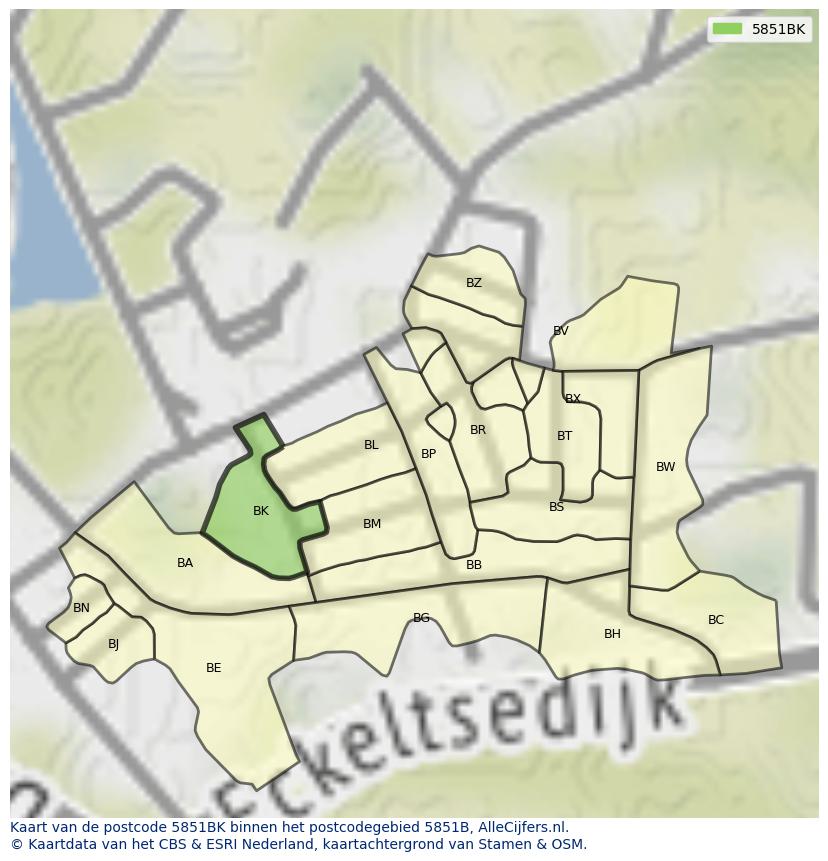 Afbeelding van het postcodegebied 5851 BK op de kaart.