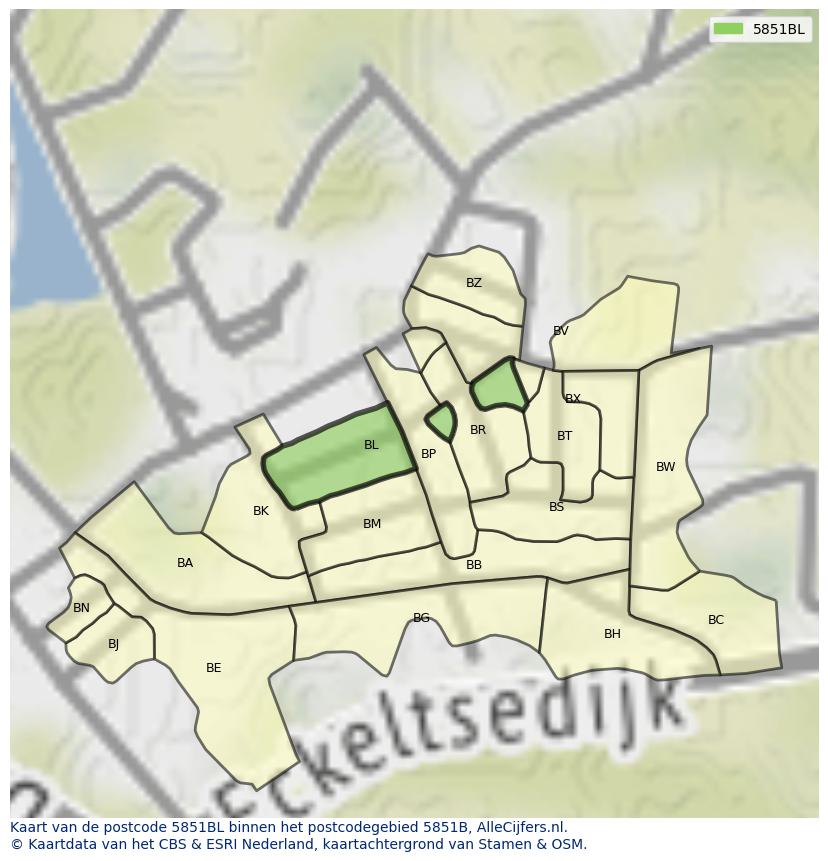 Afbeelding van het postcodegebied 5851 BL op de kaart.