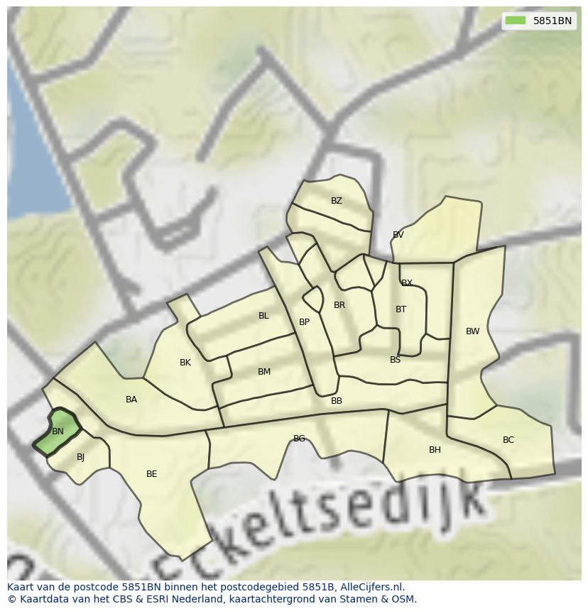 Afbeelding van het postcodegebied 5851 BN op de kaart.