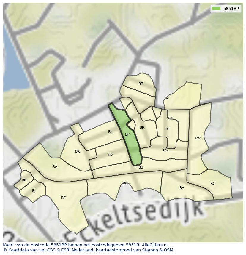 Afbeelding van het postcodegebied 5851 BP op de kaart.