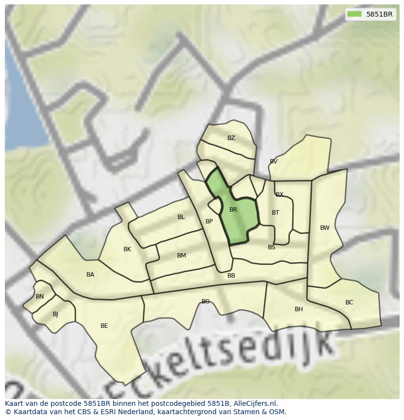 Afbeelding van het postcodegebied 5851 BR op de kaart.