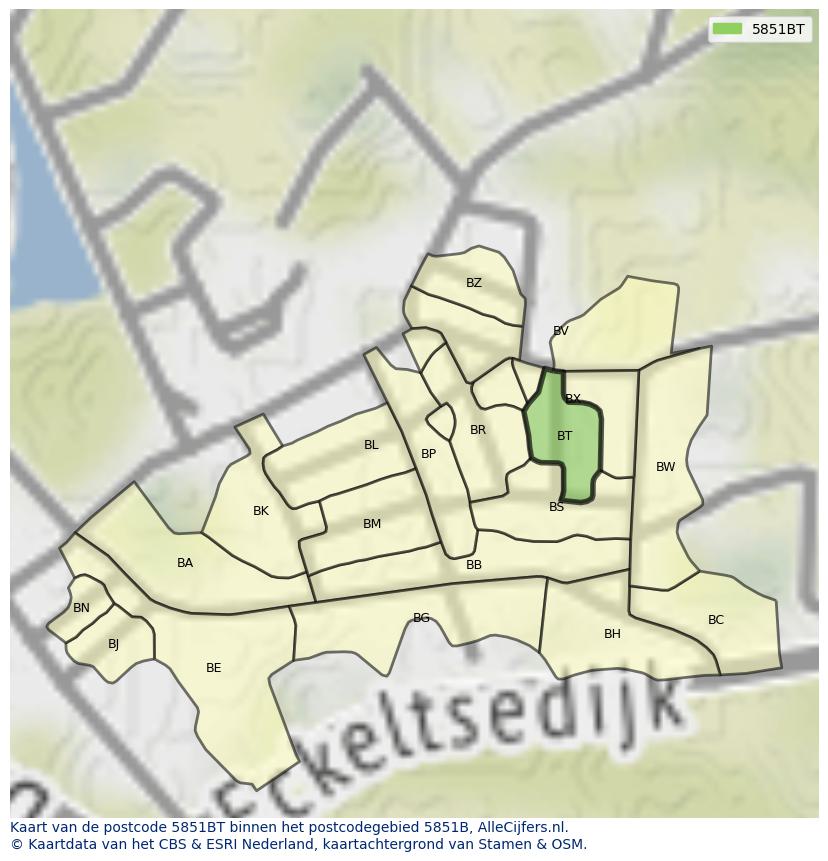 Afbeelding van het postcodegebied 5851 BT op de kaart.