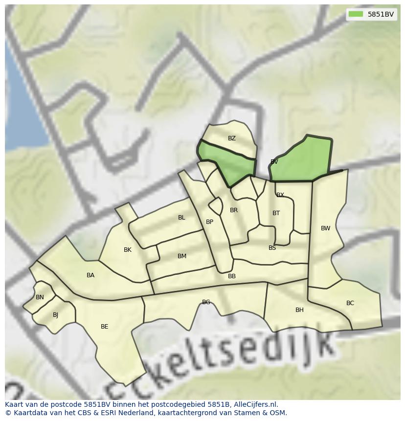 Afbeelding van het postcodegebied 5851 BV op de kaart.