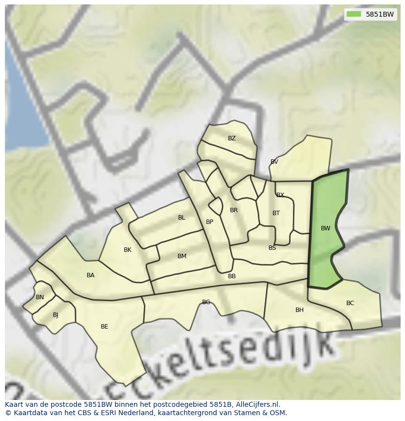 Afbeelding van het postcodegebied 5851 BW op de kaart.