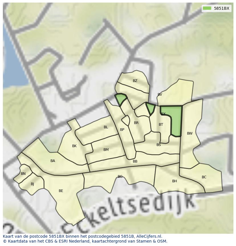 Afbeelding van het postcodegebied 5851 BX op de kaart.