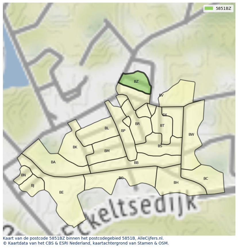 Afbeelding van het postcodegebied 5851 BZ op de kaart.