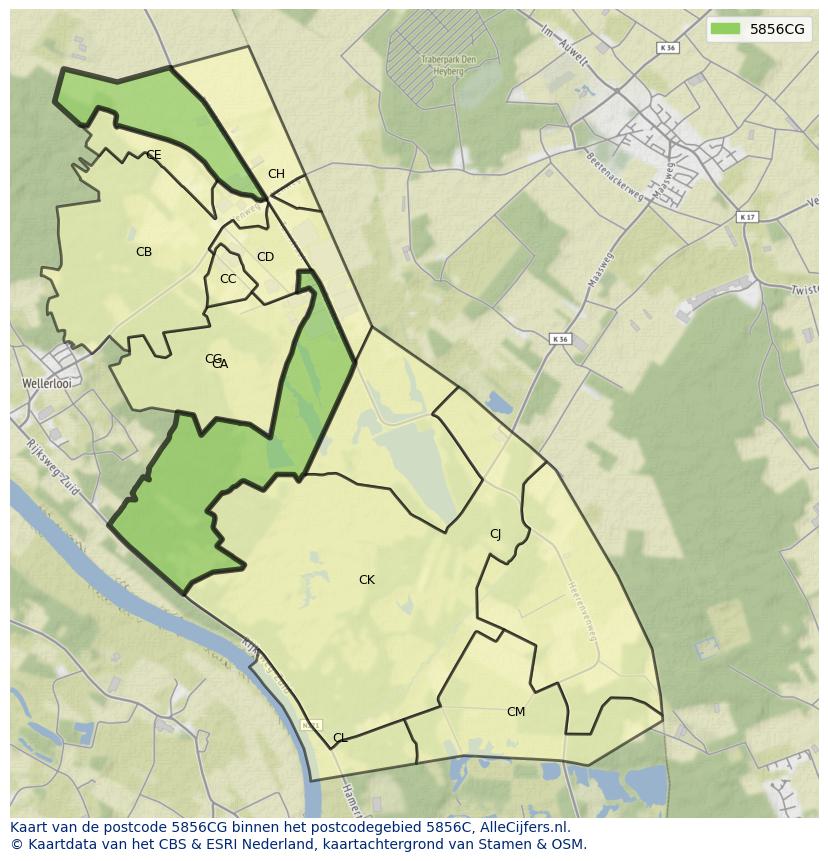 Afbeelding van het postcodegebied 5856 CG op de kaart.