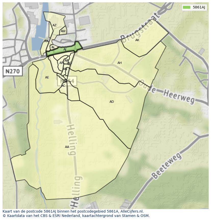 Afbeelding van het postcodegebied 5861 AJ op de kaart.
