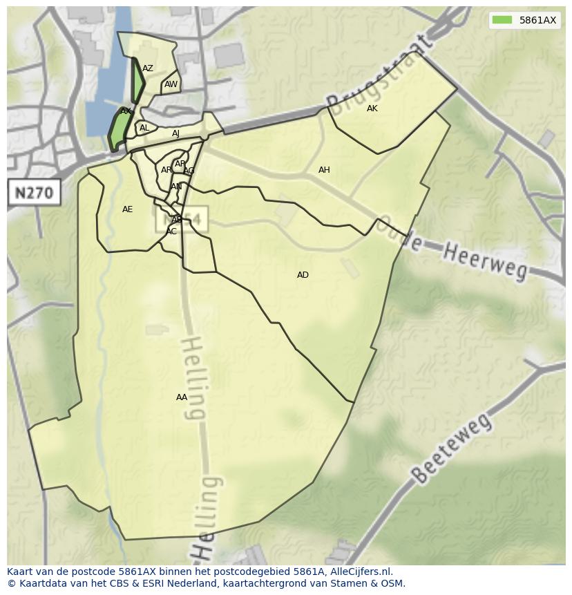 Afbeelding van het postcodegebied 5861 AX op de kaart.