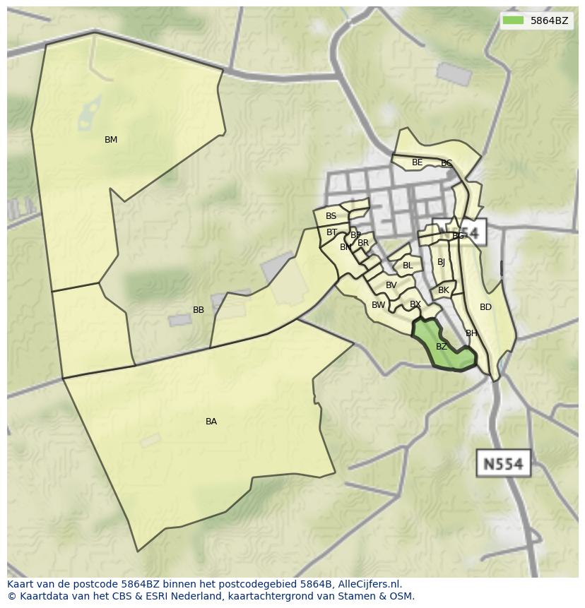Afbeelding van het postcodegebied 5864 BZ op de kaart.