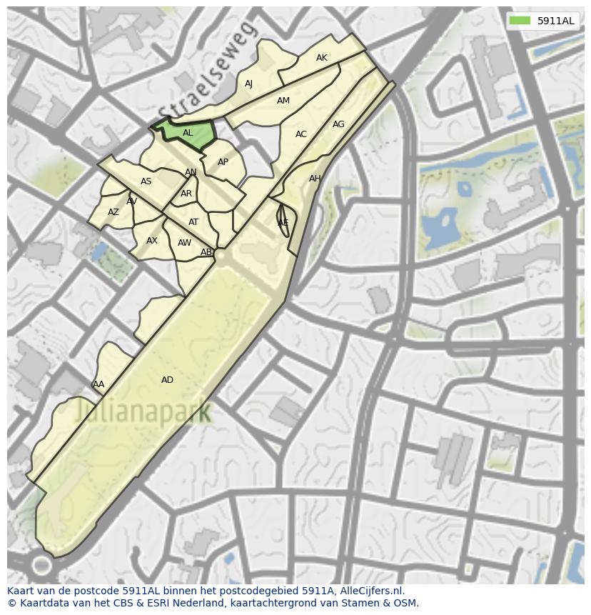 Afbeelding van het postcodegebied 5911 AL op de kaart.