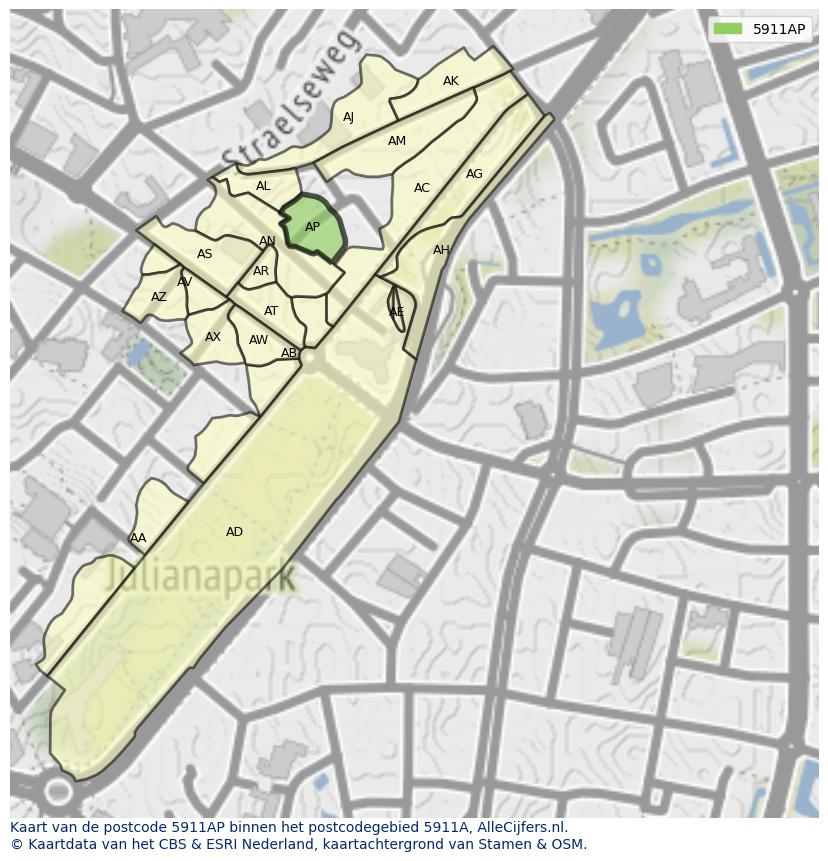 Afbeelding van het postcodegebied 5911 AP op de kaart.