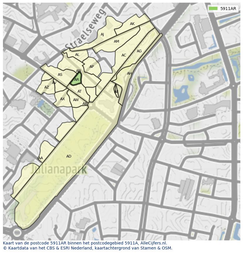 Afbeelding van het postcodegebied 5911 AR op de kaart.