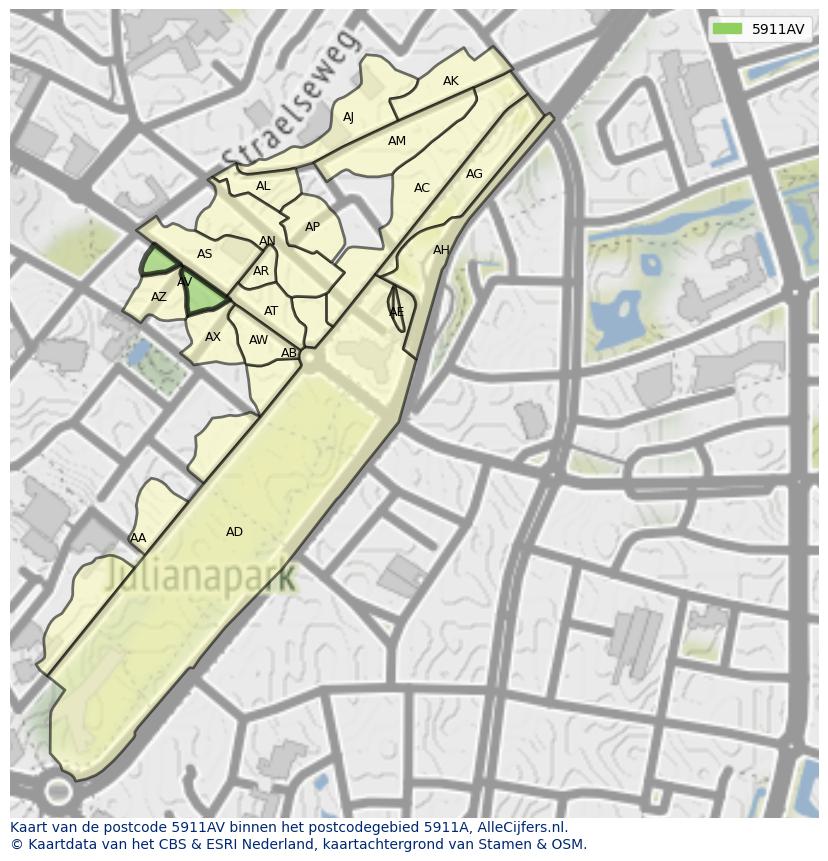 Afbeelding van het postcodegebied 5911 AV op de kaart.