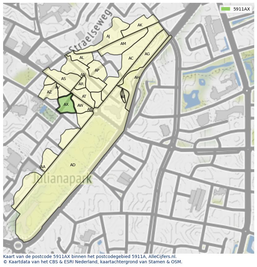 Afbeelding van het postcodegebied 5911 AX op de kaart.