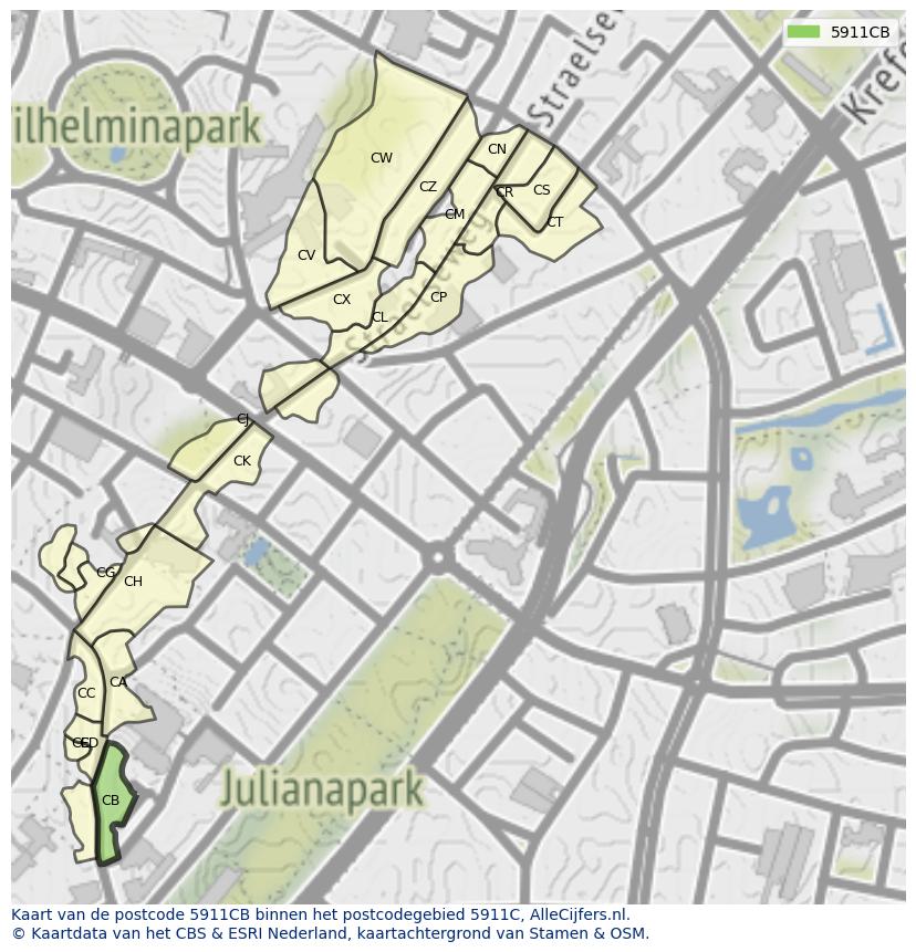 Afbeelding van het postcodegebied 5911 CB op de kaart.