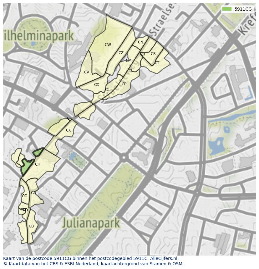 Afbeelding van het postcodegebied 5911 CG op de kaart.