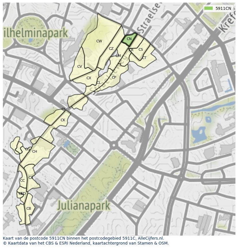 Afbeelding van het postcodegebied 5911 CN op de kaart.