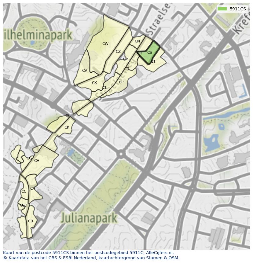 Afbeelding van het postcodegebied 5911 CS op de kaart.
