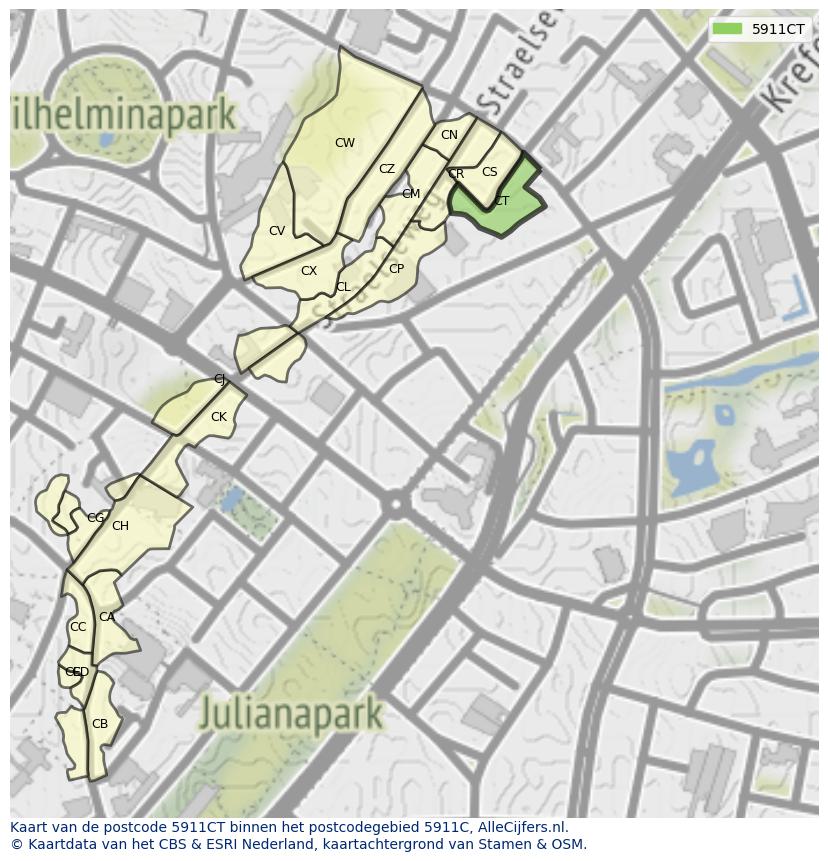 Afbeelding van het postcodegebied 5911 CT op de kaart.