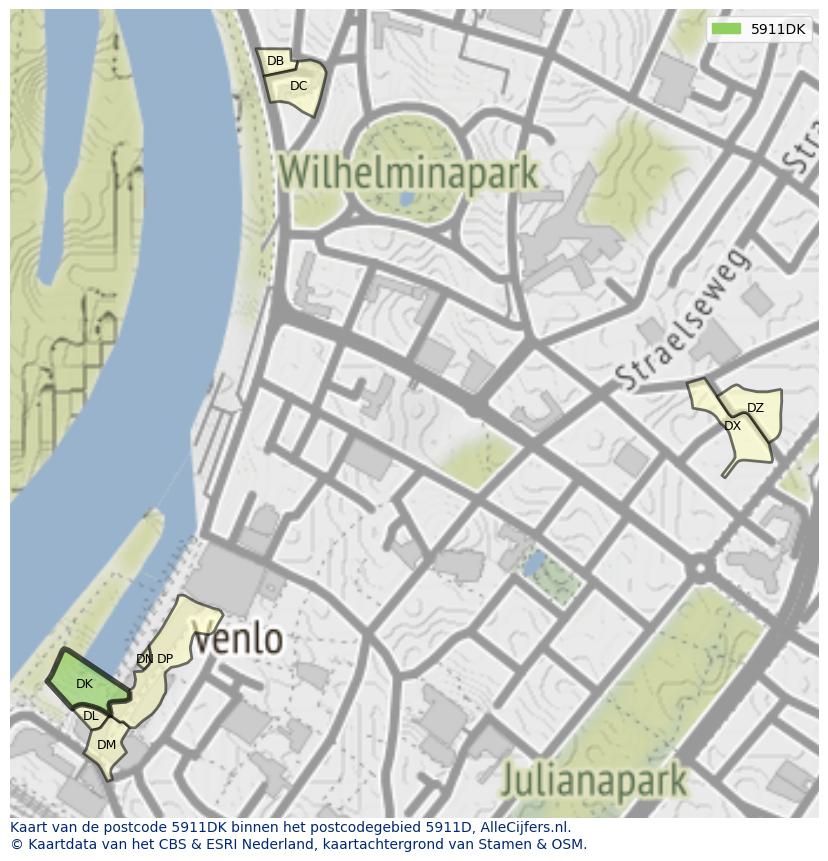 Afbeelding van het postcodegebied 5911 DK op de kaart.